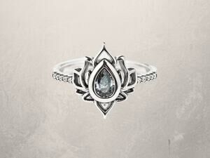 Lotus Flower Silver Stone Ring, Boho Jewelry